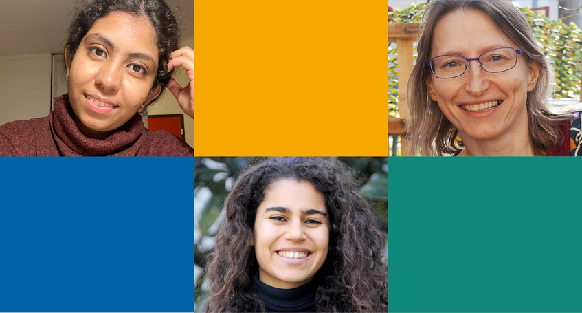 portraits of female physicists Nandhini Ravindran, Daria Seaman and Salambô  Sago