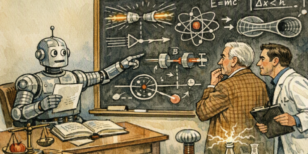 KI-generierte Illustration: Ein Roboter zeigt zwei Physikern an einer Tafel mit Formeln neue Experimente